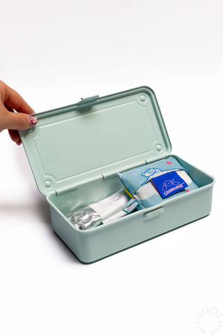 Stackable storage box with lid open, light mint green, latch on front