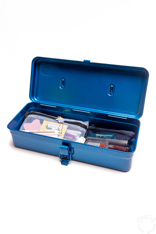 Blue trunk-shaped toolbox open with interior compartments and small hardware organizer