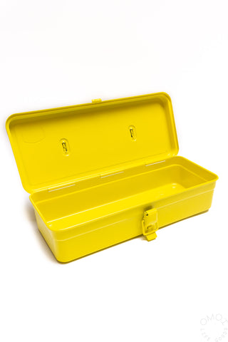 Yellow trunk-shape metal toolbox open with interior base tray