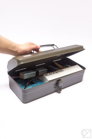 Olive green toolbox with open lid and contents view, secured by side latch
