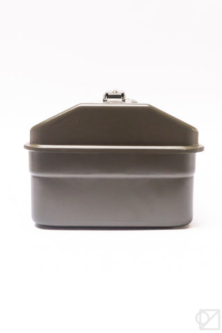 Olive green toolbox with rounded lid and metal handle latch