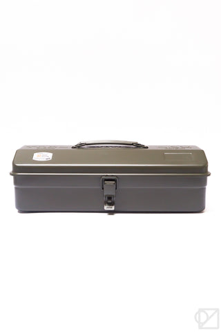 Olive green toolbox with handle on top and front clasp latch