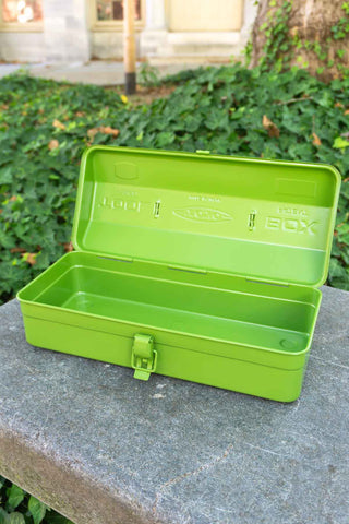 Matcha green metal toolbox open, showing hinged lid and interior tray