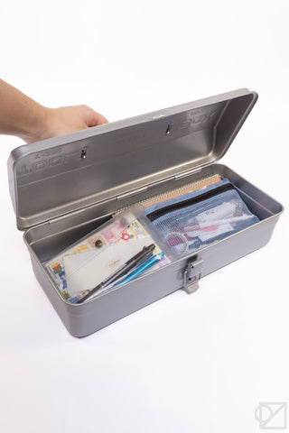 Silver toolbox open with divider tray holding stationery supplies