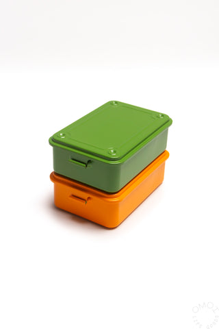 Trunk-shaped metal toolbox set: matcha green and orange stack, both closed