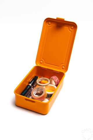Orange trunk-shape toolbox open with compartmented tools and accessories inside