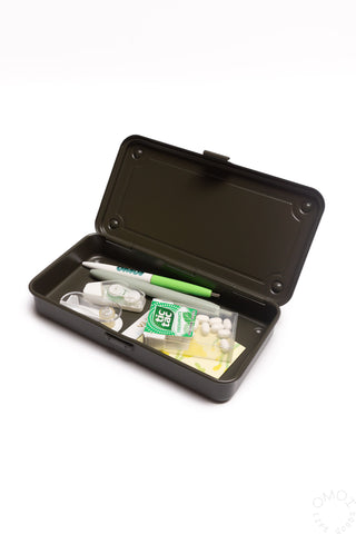 TOYO Steel trunk-shaped toolbox in olive green, open lid showing stored tools