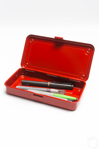 Red trunk toolbox case open with pen slots and tools inside
