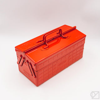 Glossy red cantilever toolbox with top handle and latch, closed molded panel design