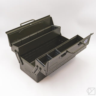 Olive green cantilever toolbox open, interior with divided sections and metal tray