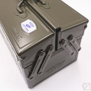 Olive green cantilever toolbox close-up of TOYO label and rugged corner hardware