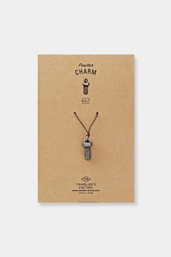 Pewter bolt charm on kraft card with hanging cord
