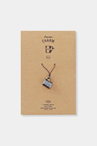 Pewter charm mug accessory card with hanging mug charm design.