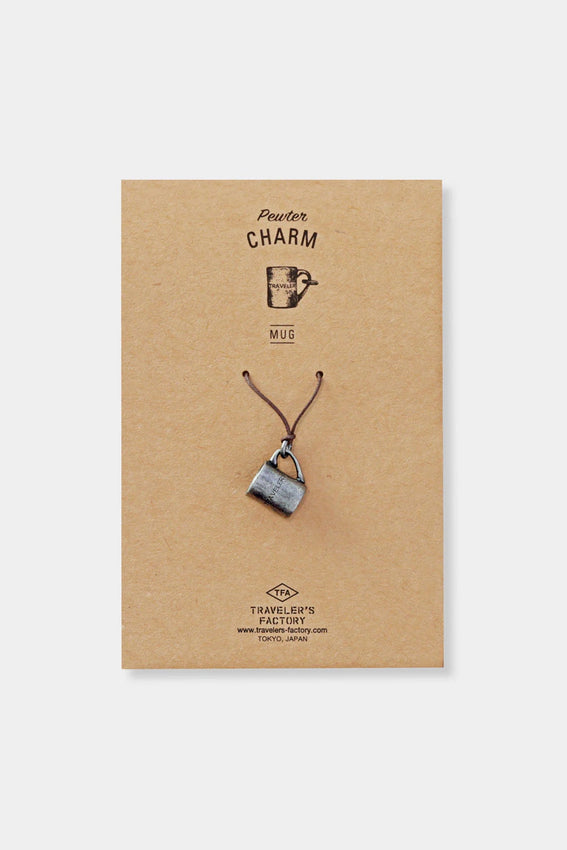 Pewter charm mug accessory card with hanging mug charm design.