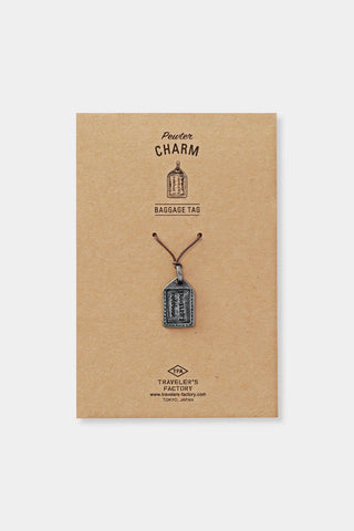 Pewter luggage charm tag with looped cord and engraved badge