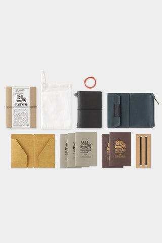 Black card-size notebook anniversary set with pouch, paper, and refill cards