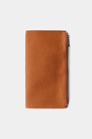 Brown cotton zipper case with metal zipper and stitched edges