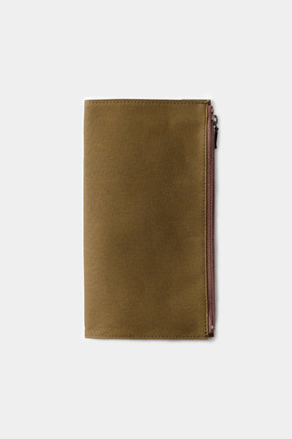Olive cotton zipper case, tall rectangular shape with zipper detail at the right edge