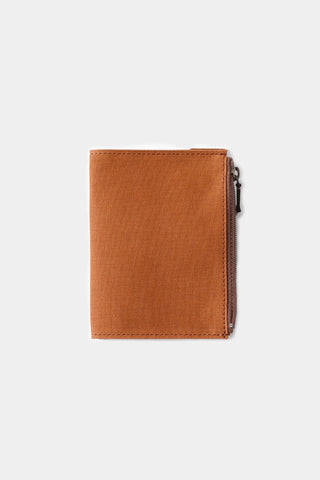 Brown cotton passport-size zipper case, compact square design with metal zipper pull