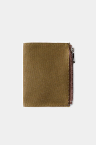 Olive cotton passport-size zipper case, square front with metal zipper pull at right