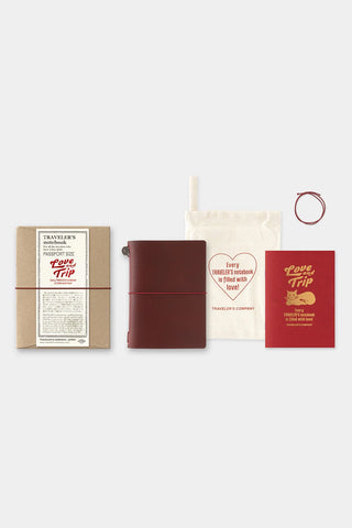 Red passport-size notebook cover set with inserts and tag, LOVE AND TRIP design