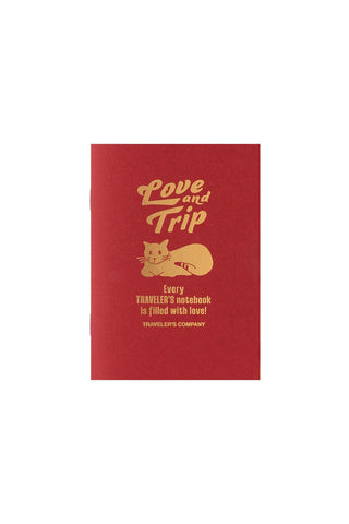 Traveler's notebook passport refill, red cover with gold "Love and Trip" cat text