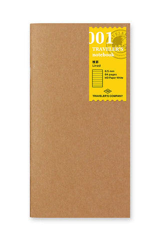 Brown kraft lined notebook with a yellow '001' label on the front cover