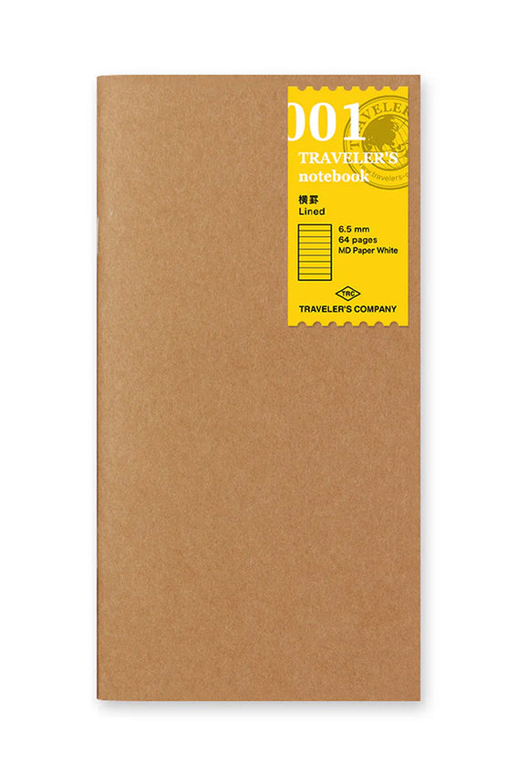 Brown kraft lined notebook with a yellow '001' label on the front cover