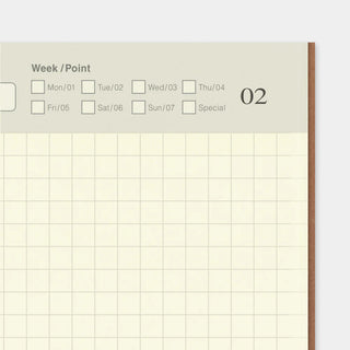 Traveler's notebook grid page close-up with "Week / Point" checkbox list