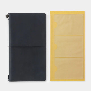 Traveler's notebook card file, black cover with matching yellow three-pocket insert