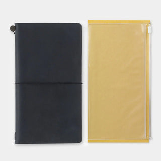 Traveler's notebook zipper cases, black and tan side-by-side with top zippers