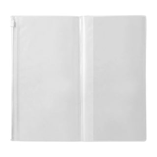 Traveler's notebook zipper case opened flat, white interior pages