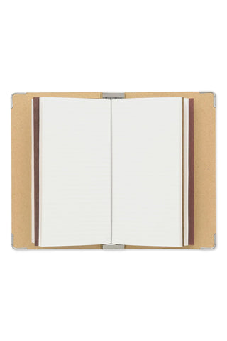 Traveler's notebook 011 archive binder, open view with two kraft pages and gray spine