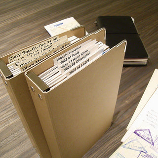 Traveler's notebook 011 archive binder, kraft cover holding stacked refill inserts