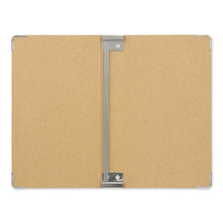 Traveler's notebook 011 archive binder, open with gray center strip and elastic strap