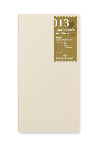 Lightweight paper notebook cover labeled “013 TRAVELER'S notebook” with 128 pages.