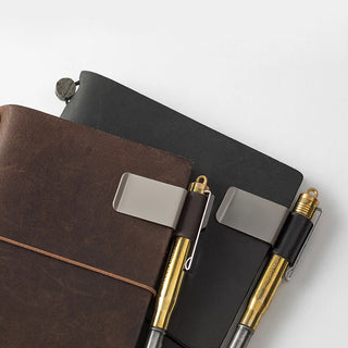 Traveler's notebook pen holder with black leather and two pen compartments