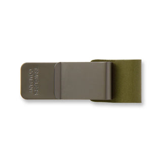 Traveler's notebook pen holder in olive-green leather with gray metal snap clip