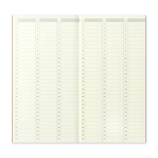 Monthly-style grid page with numbered dates arranged in columns