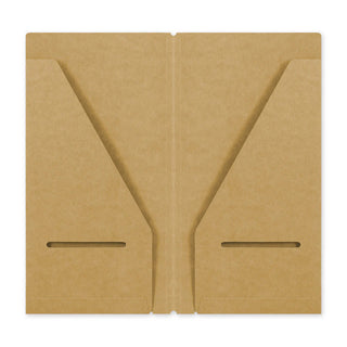 Kraft paper notebook folder, front view with V-shaped fold lines and two cutout tabs