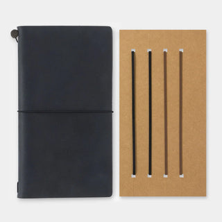 Black notebook with connecting rubber bands displayed on a kraft backing card