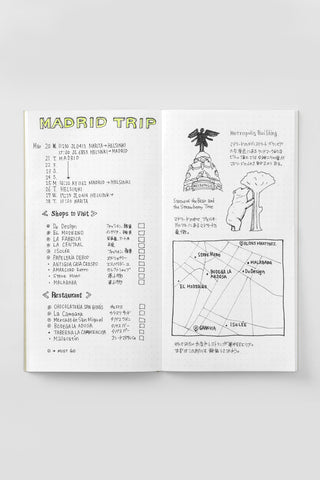 Open travel notebook with printed city map and line illustrations on pages