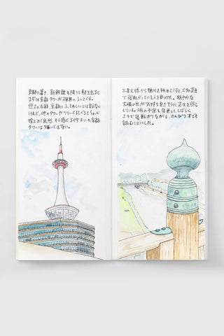 Watercolor paper notebook open with illustrated scenes and small handwritten text on both pages