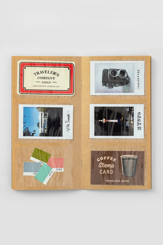 Opened tan card file insert with four card sleeves and coffee stamp card