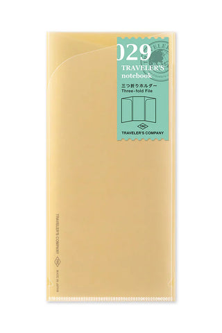 Traveler's notebook trifold clear file 029, tan cover with 029 label and clear pocket