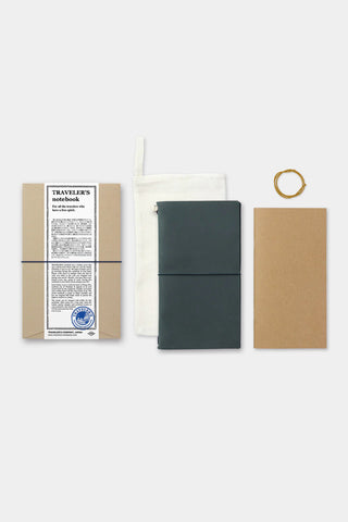 Set contents for Traveler's notebook: blue cover, spare band, and instruction packet