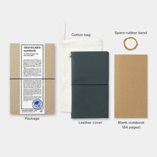 Traveler's notebook blue package with leather cover, cotton bag, spare band, blank notebook