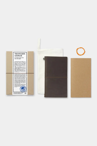 Notebook set includes dark brown notebook, cream insert, kraft sheet, and orange ring