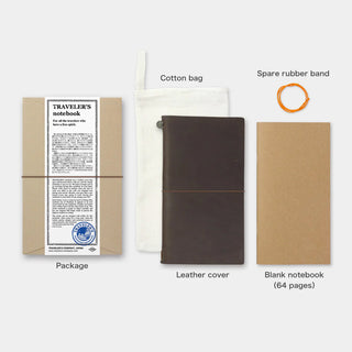 Brown leather notebook set with cotton bag, spare rubber band, and 64-page notebook.