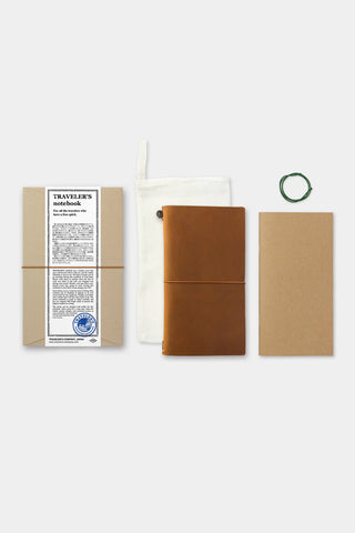 Traveler's notebook camel leather cover with packaged insert and spare band accessories
